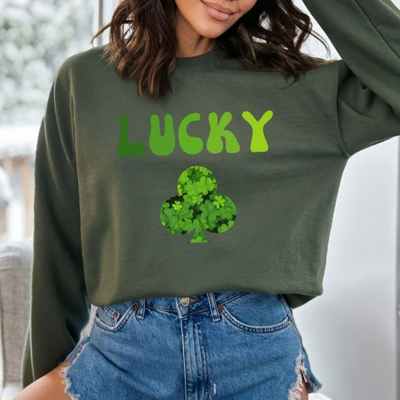 Lucky Sweatshirt Saint Patric's Day College Sweatshirt Military Green Shirt - Picture 8 of 10